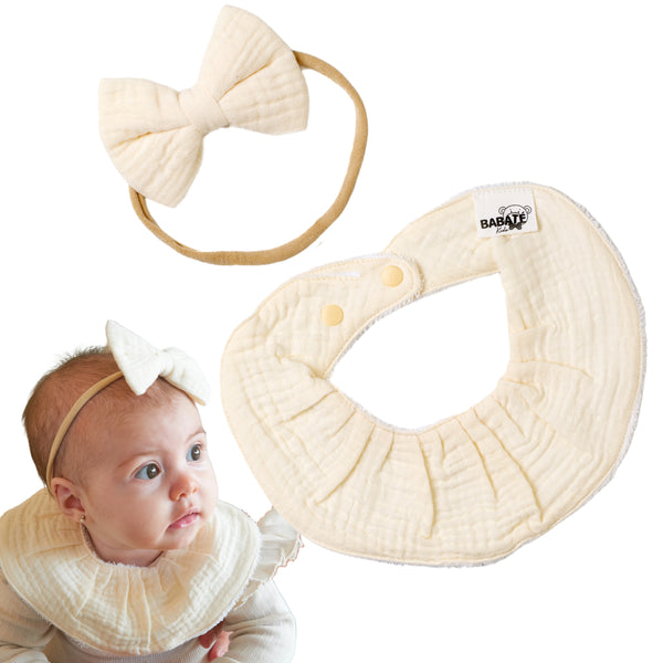 Conjunto Babero y diadema Beige