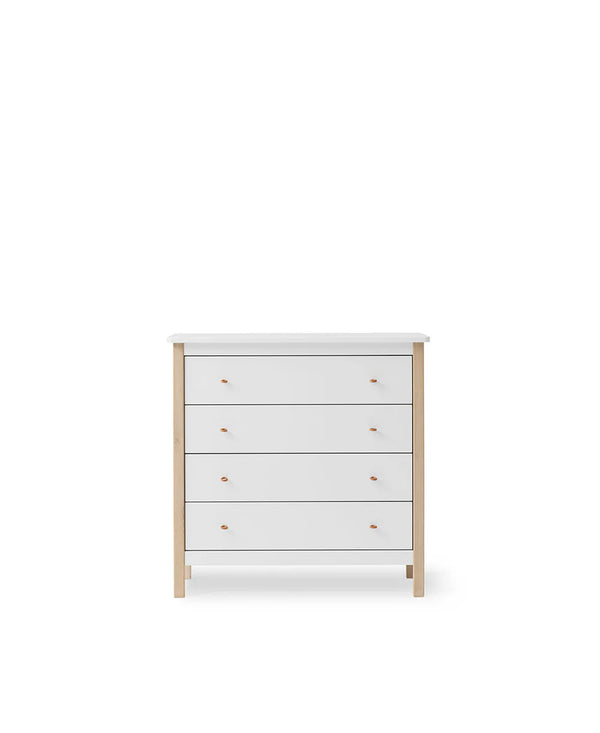 Cómoda de madera de 4 cajones, color blanco/roble