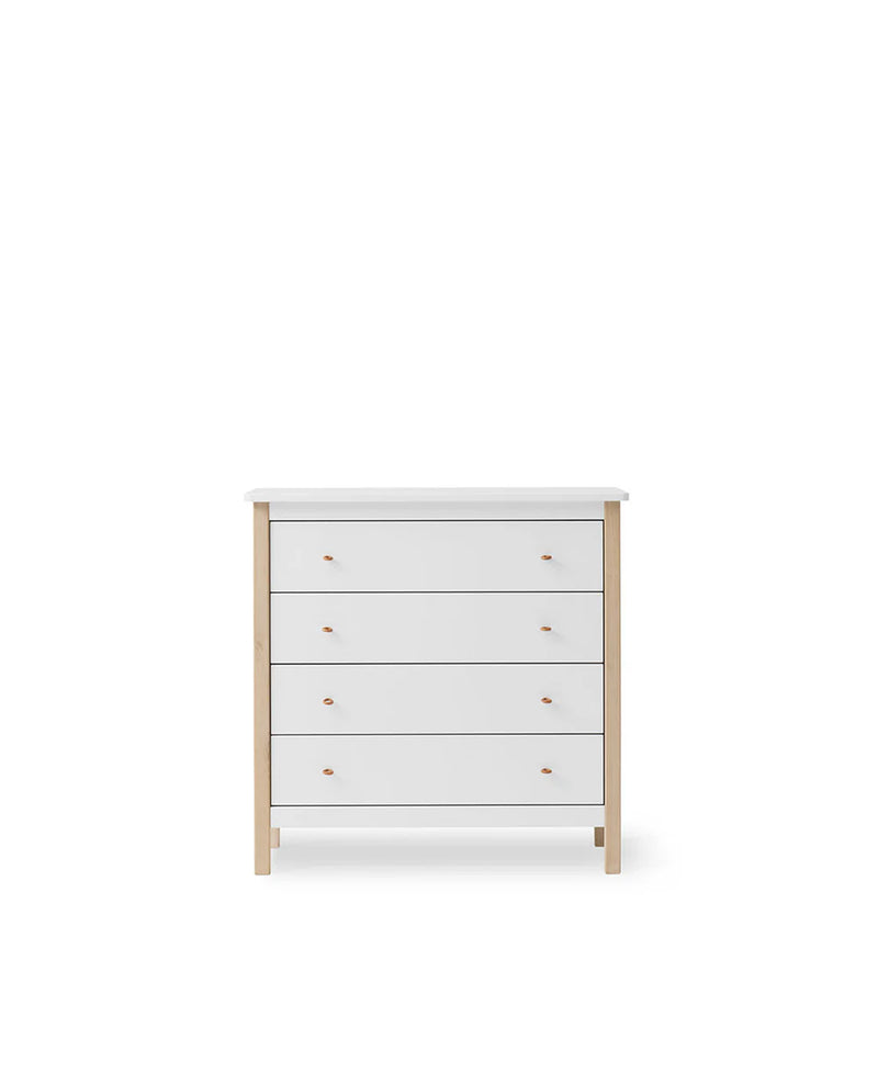 Cómoda de madera de 4 cajones, color blanco/roble